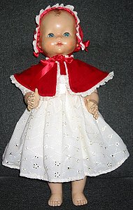 Cream Broderie Dress with Red Velvet Cape and Bonnet